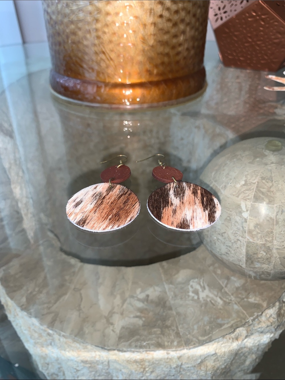 Leather Circle Drop Earrings - Brown